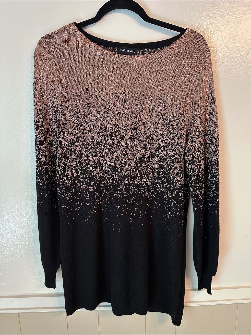 Nina Leonard Copper-To-Black Ombre Speckle Crew Neck Sweater Size M
